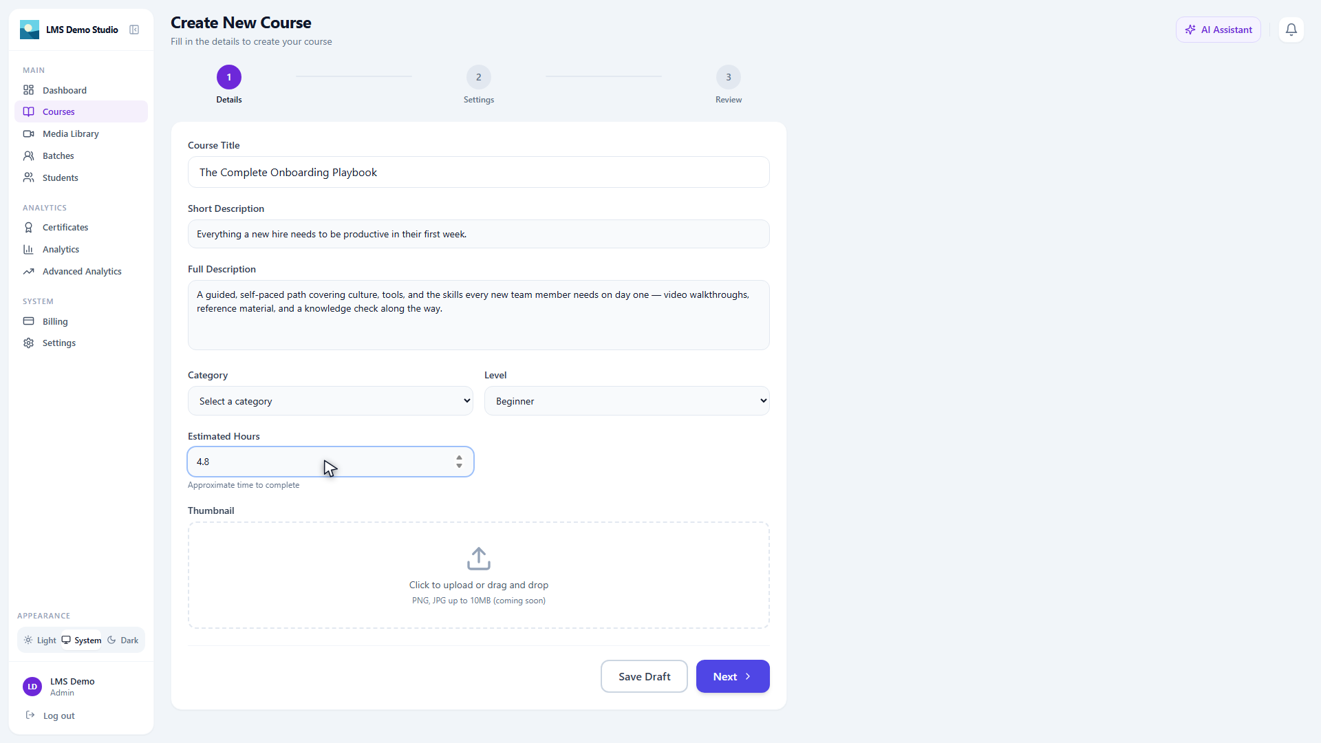 Creating a course — title, summary, and description, step 1 of the course wizard