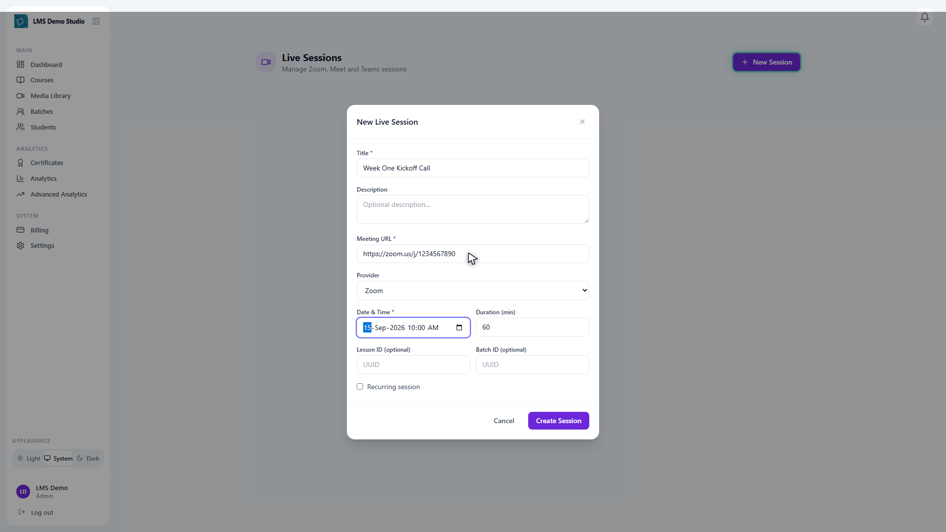 Scheduling a live session — a Zoom-linked session tied to a course lesson